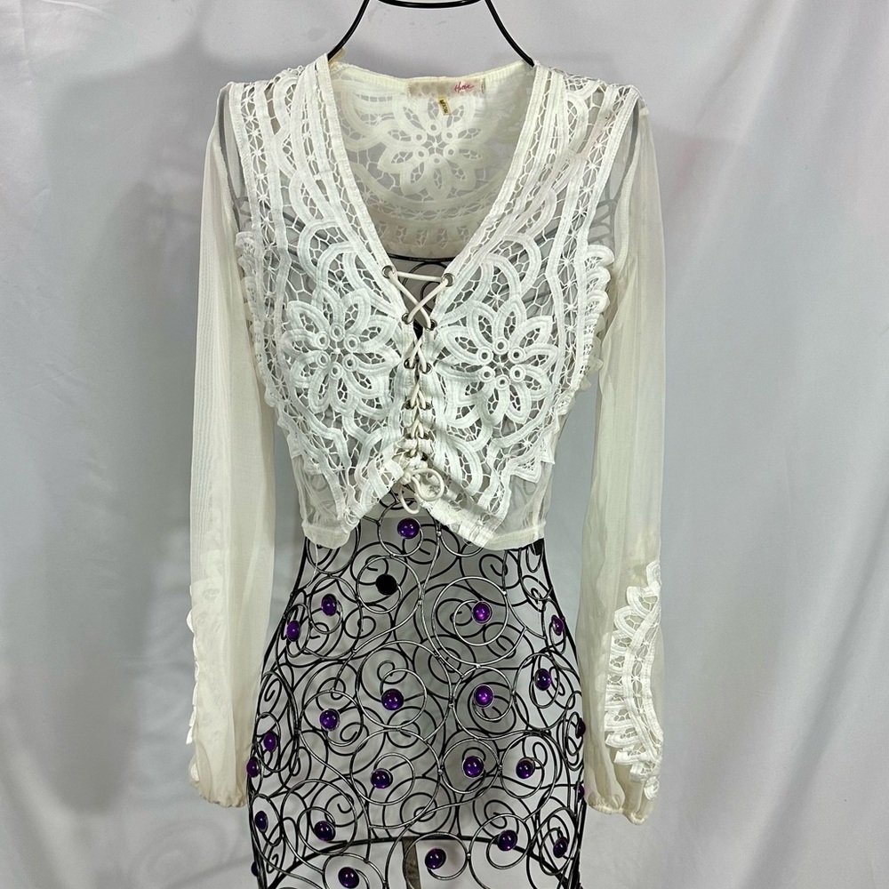 Hottie white sheer v neck long sleeve blouse size S